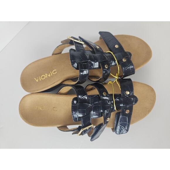 Vionic Radia Sandals Womens Size 7 Blue Croc Patent Leather Wedge Comfort - Picture 3 of 9